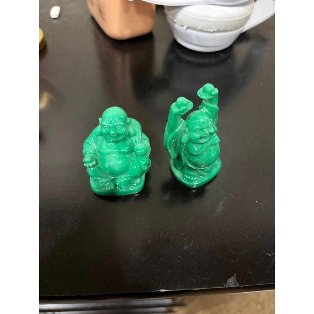 Set of 2 Green Resin Laughing Buddha Statues Feng Shui Home Decor Figurines